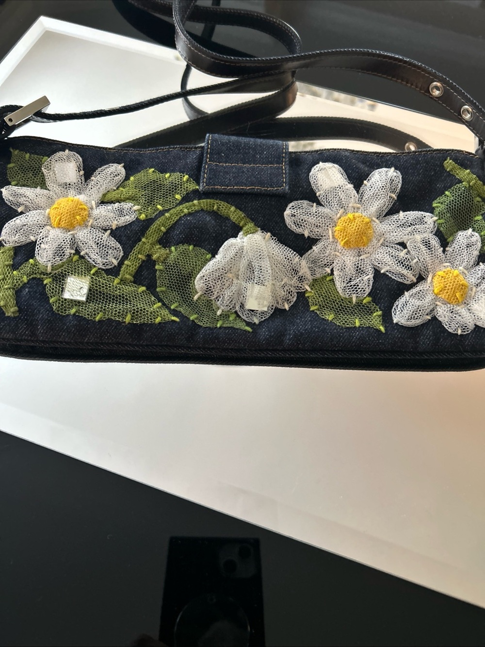 Fendi Denim Baguette with White & Yellow Floral Appliqués and Silver Buckle - Picture 11 of 11